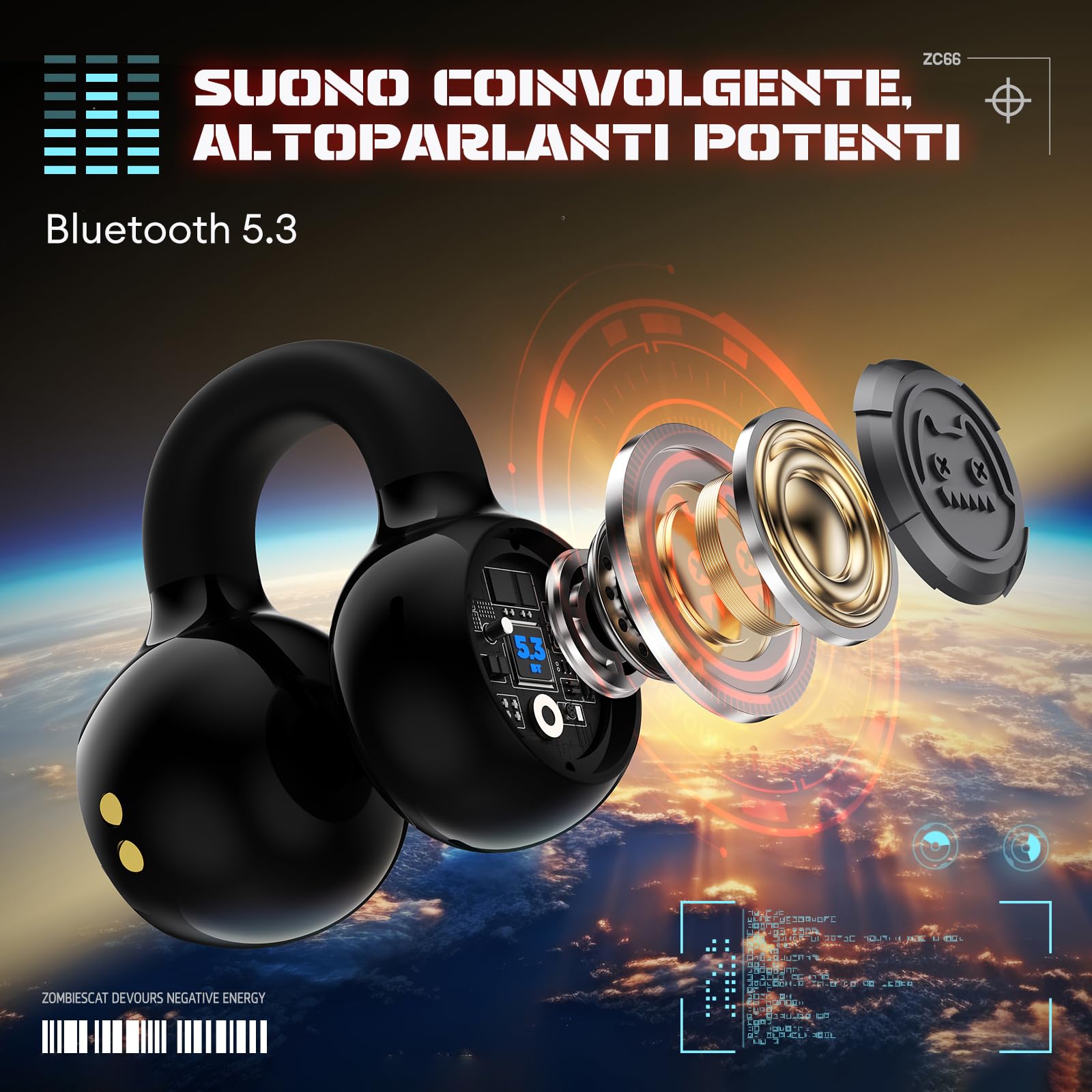 ZOMBIES CAT Cuffie Bluetooth Open Ear Auricolari Bluetooth 5.3 60H Playback cuffie sport stereo con bassi profondi Effetti di luce esclusivi cuffie senza filo per IOS Android, B3 Nero