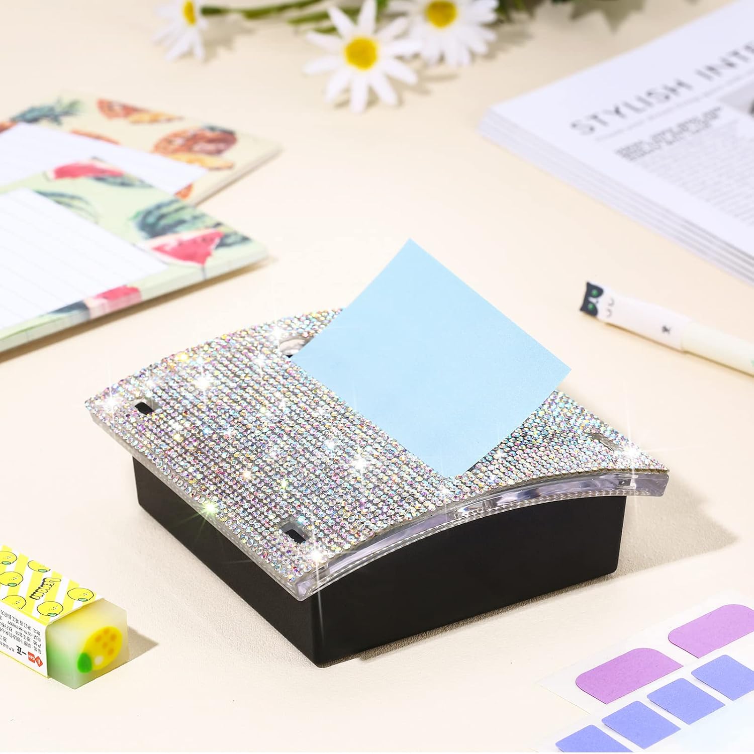 Rhinestone Self Stick Note Pad Holders 4 x 4 Inches Memo Note Holder Dispenser Sticky Note Holder Sticky Notes Dispenser for Office Home Classroom Desk Supplies (AB Color) : Office Products