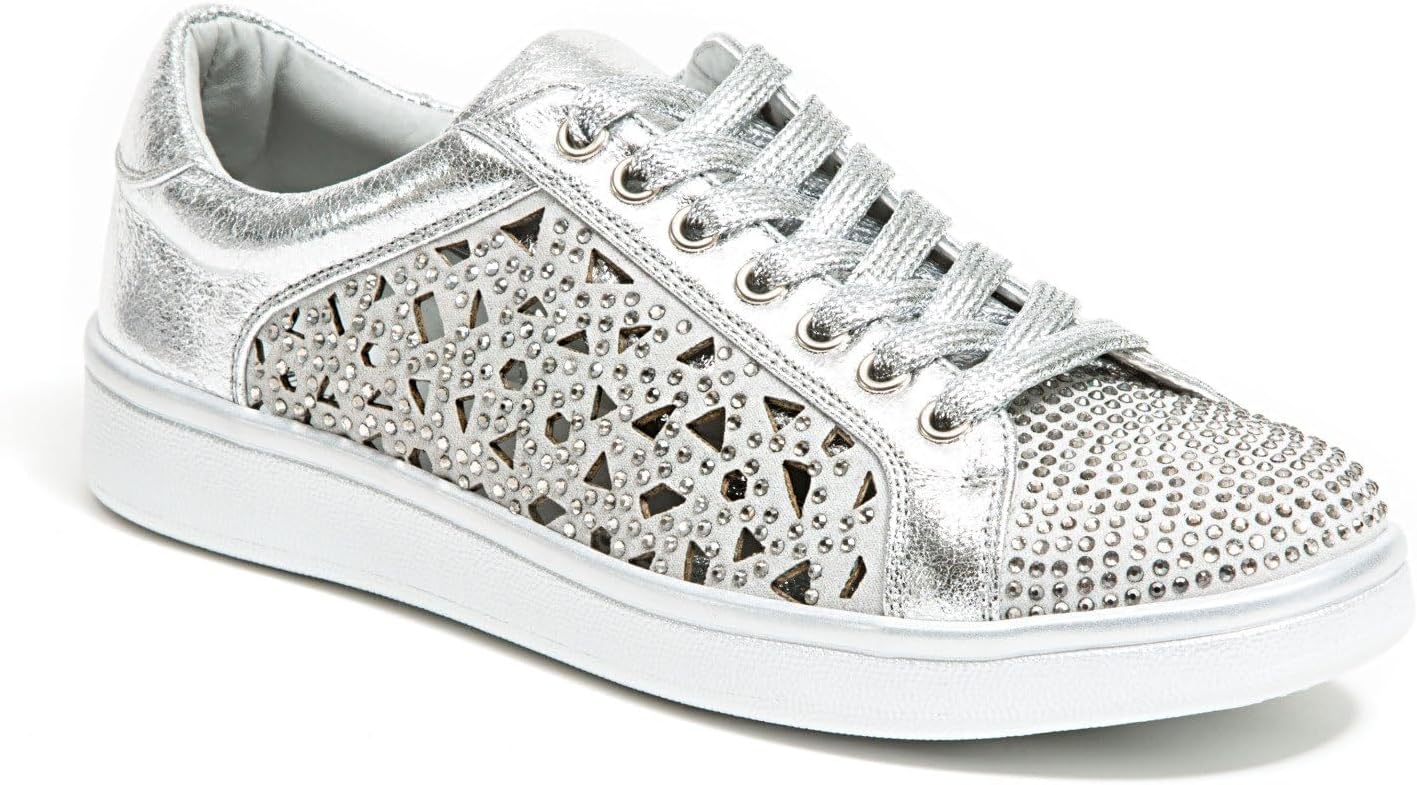 Lady Couture Laser Cut Sneakers with Rhinestone Women's Shoes, Rubber Sole Lightweight Casual Fashion Sneakers with 1-Inch Flat Heel Paris