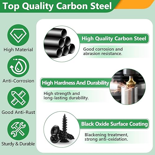 Miniatura 3 de Juego surtido de 260 tornillos de chapa metálica, kit de tornillos autoperforantes, M3M4M5M6 acero al carbono negro, 24 tamaños de armadura, cabezal