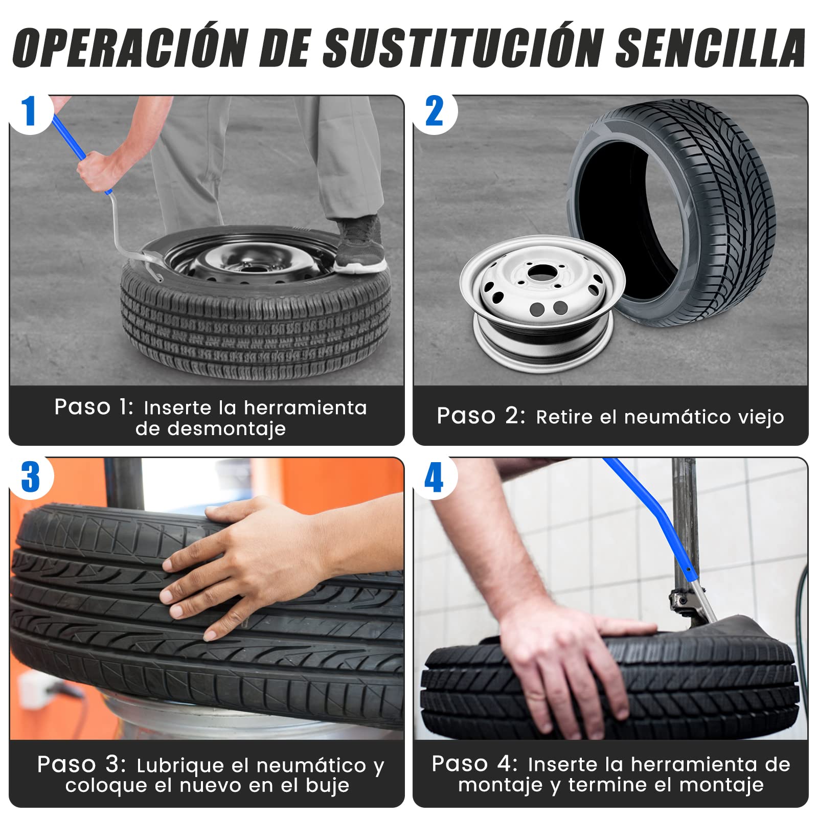 COSTWAY Herramienta para Montar y Desmontar Neumáticos, Cambiador de Neumáticos de 44 cm a 62 cm, Conjunto de 3 Herramientas Manuales para Cambiar Neumáticos con Retenedor de Cuentas (Plateado+Azul)