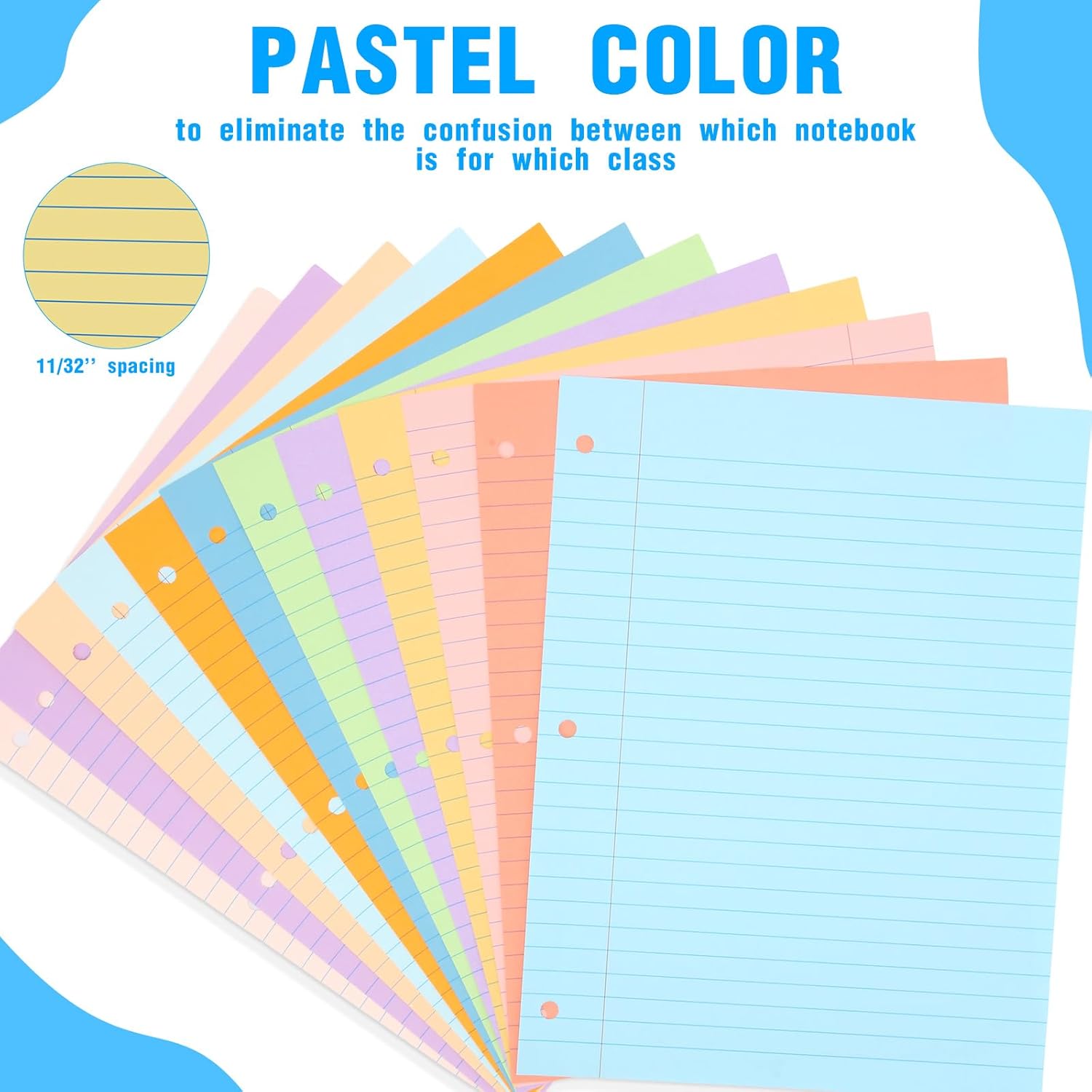 PerKoop 12 Pack 600 Sheets Colored Loose Leaf Paper College Ruled 8" x 10.5", Pastel Colorful Lined Writing Paper 3 Hole Punched Filler for 3 Ring Binder School Office Supplies(Sweet Color)