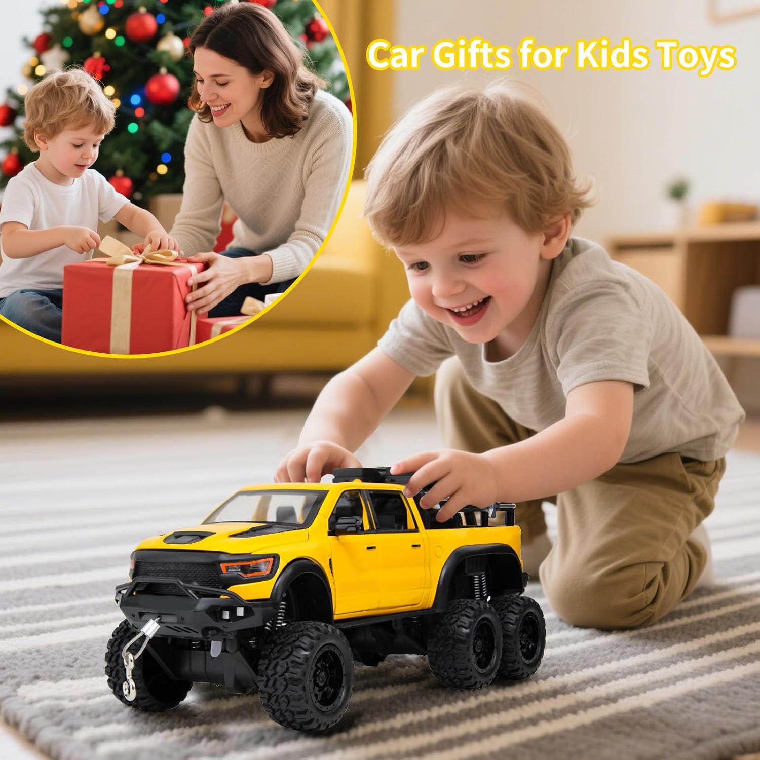 SASBSC 6X6 Toy Pickup Trucks for 3+ Year Old Boys 1/24 Diecast Pick up Truck Toy Cars with Light and Sound Metal Car Model Toys for Aged 3-12 Kids Birthday (Yellow)