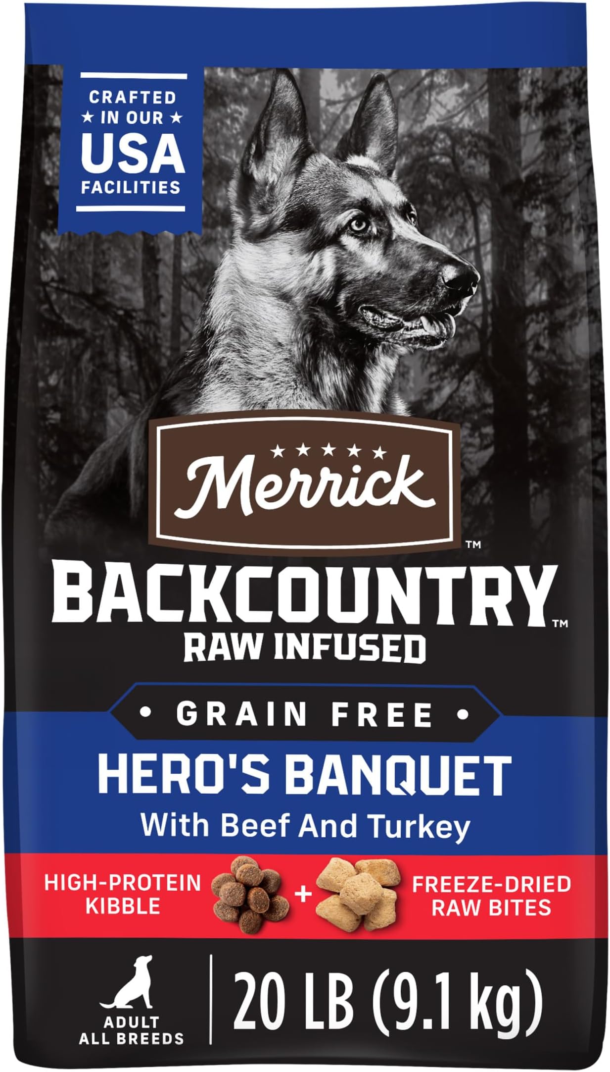 Merrick Backcountry Grain Free Dry Adult Dog Food, Kibble With Freeze Dried Raw Pieces, Hero’s Banquet Recipe - 20.0 lb. Bag
