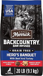 Merrick Backcountry Grain Free Dry Adult Dog Food, Kibble With Freeze Dried Raw Pieces, Hero’s Banquet Recipe - 20.0 lb. Bag