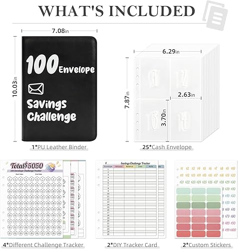 Miniatura 4 de Ospelelf Carpeta de piel sintética con cierre de cremallera, 100 sobres, para ahorro de dinero, color negro