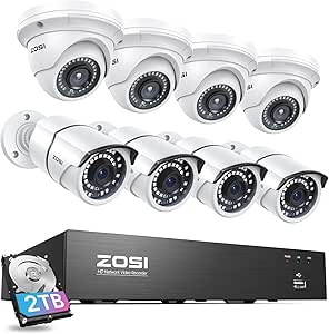 ZOSI 4K 8CH PoE Security Camera System, 8 Ports 16CH 8MP NVR Recorder with 2TB HDD, 8pcs Weatherproof 5MP Outdoor Indoor Home Surveillance IP Cameras, Night Vision, Motion Alert, for 24/7 Recording asin的图片