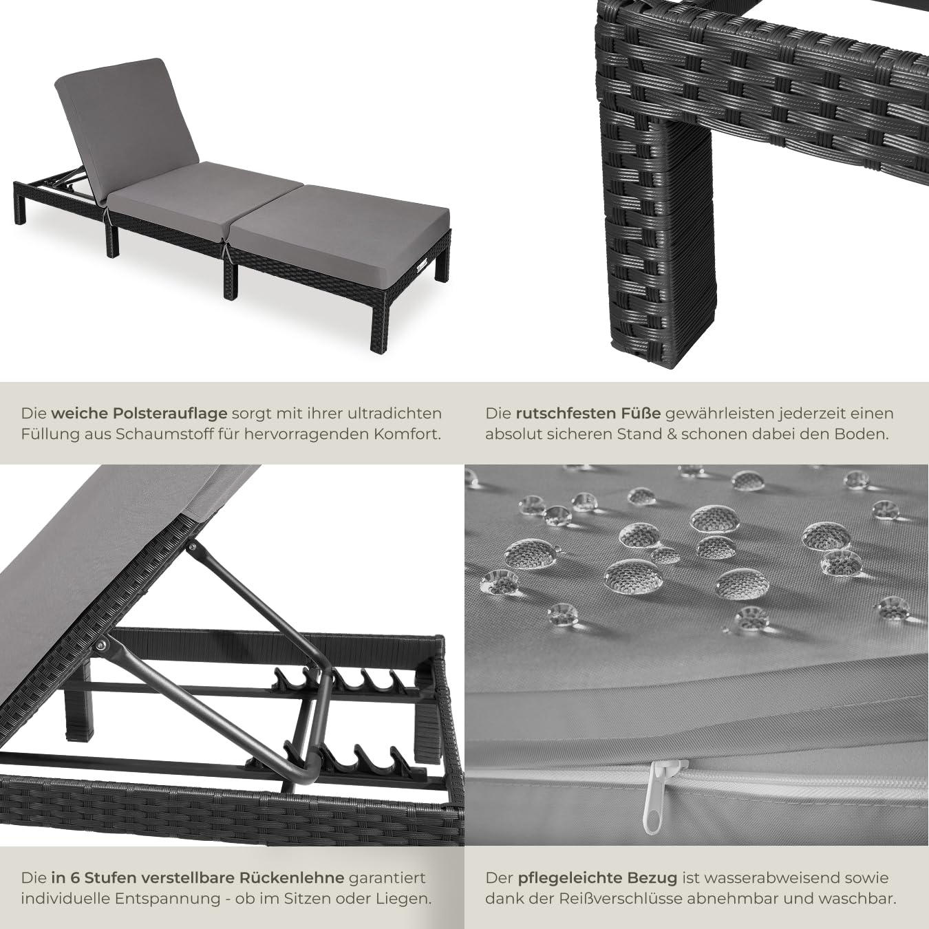 tectake® Polyrattan Sonnenliege mit 6-Fach höhenverstellbarer Rückenlehne, Outdoor Daybed mit bequemer Polsterauflage, Gartenliege Rattan für drinnen und draußen, pflegeleicht und stabil - schwarz