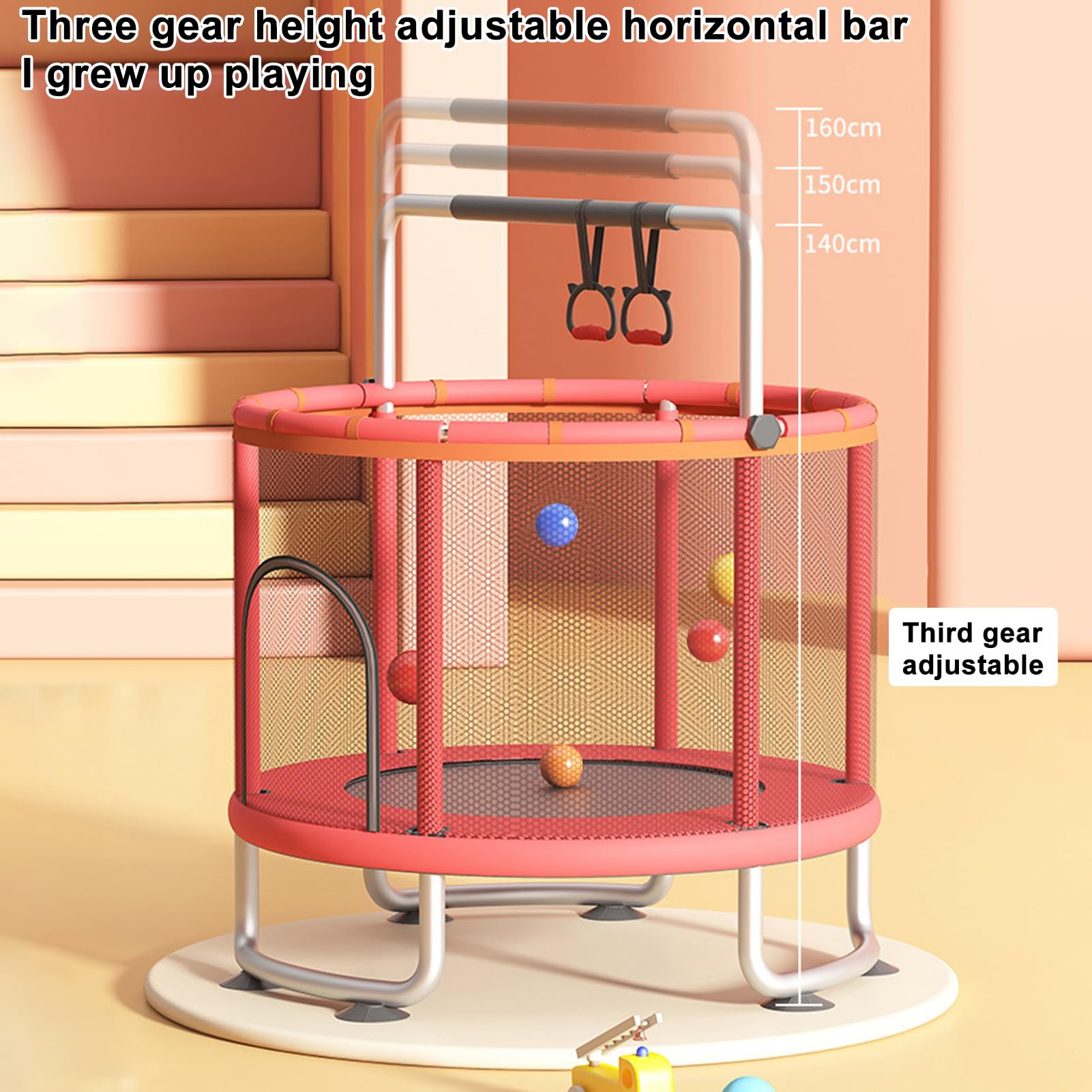 Trampolino per bambini, trampolino regolabile per bambini con rete di recinzione, trampolino per bambini con canestro da basket altalena e palline oceaniche, trampolino per interni ed esterni per