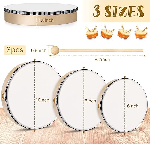 Miniatura 2 de Tambor de mano de percusión con marco de madera con palo de tambor de 10 pulgadas, 8 pulgadas, 6 pulgadas, instrumentos musicales para adultos,