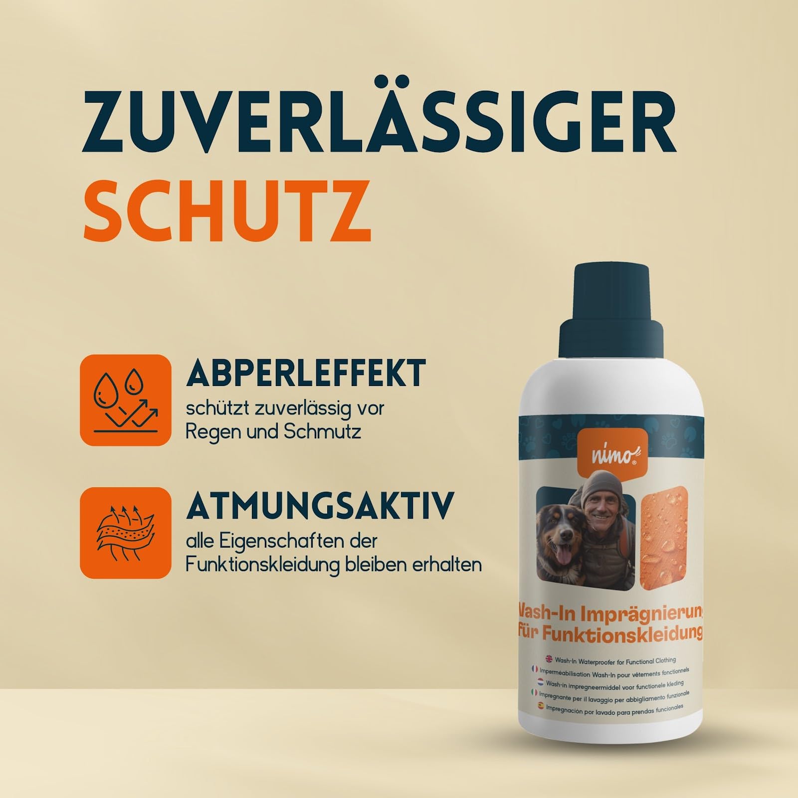 nimo® Wash-In Imprägnierung für Funktionskleidung | Imprägnierung gegen Regen & Schmutz für die Waschmaschine | Wasserabweisende Outdoor Kleidung | atmungsaktive Imprägnierung