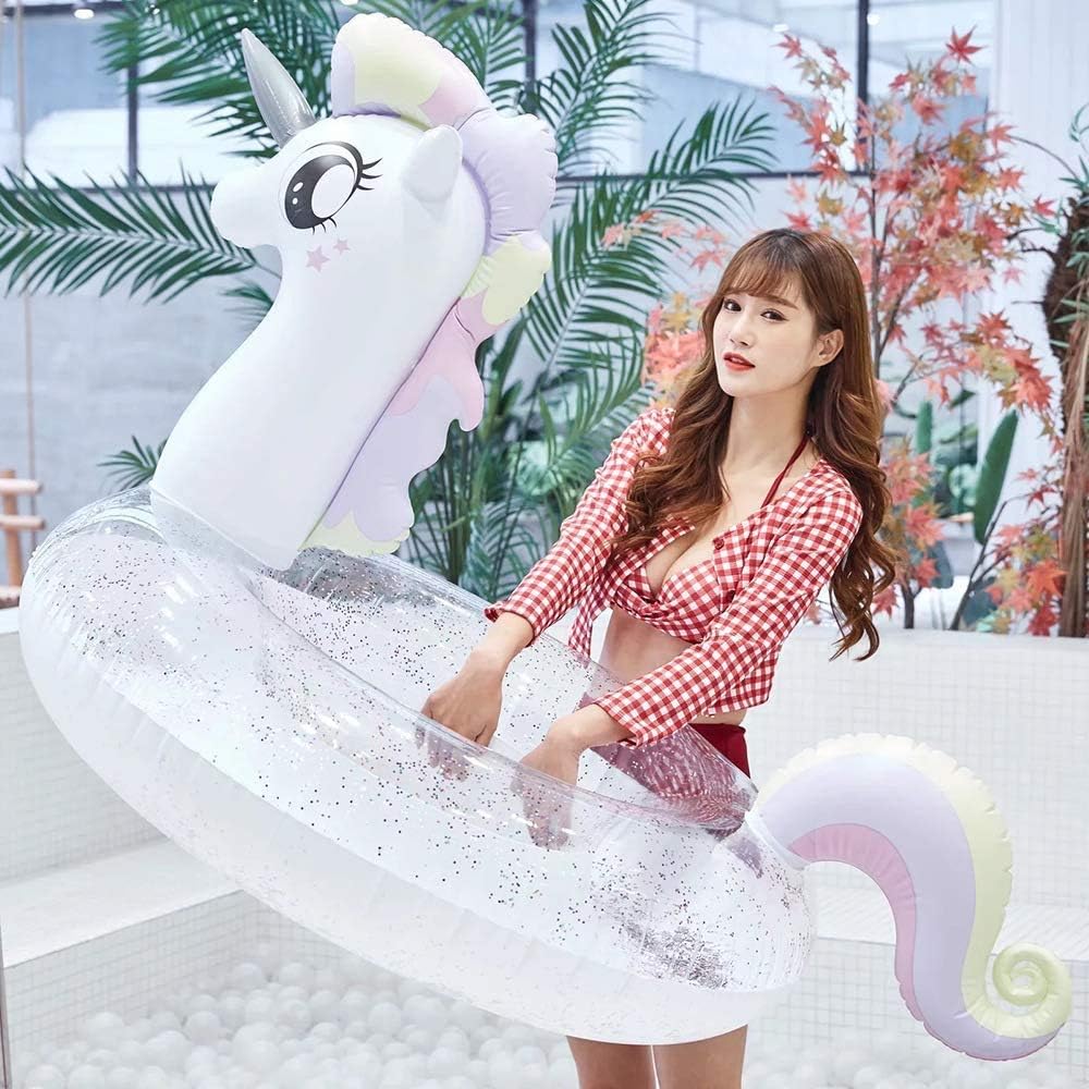 Giant Unicorn Swimming Pool Float - Happytime Unicorn Princess Inflatable Pool Float with Glitters Inflatable Lounge Raft Tube Swim Ring Summer Toys for Adults Toddlers