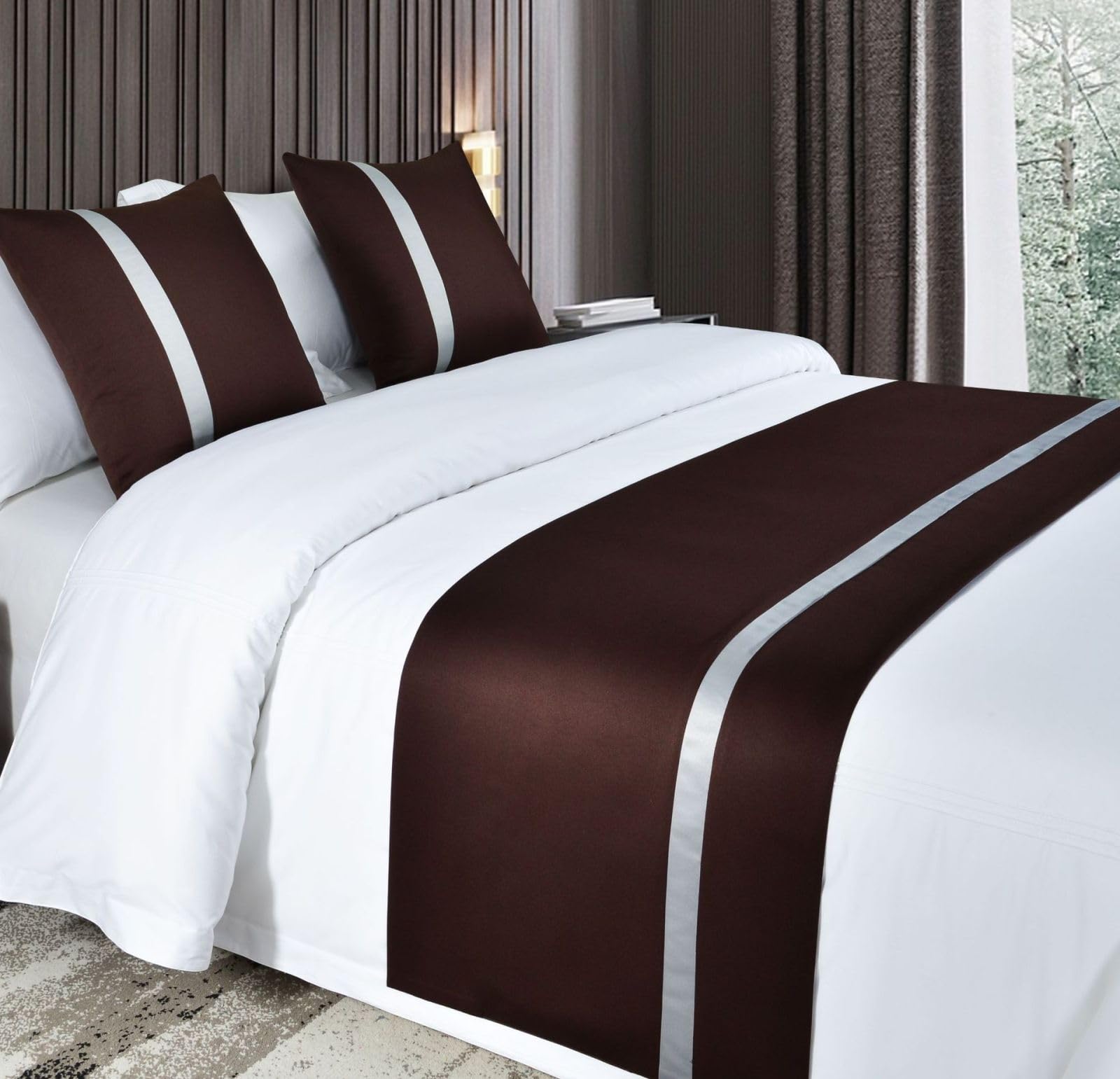 Eseriallen Brown Luxury Hotel Grade Bed Runner Uk + Pillowcase Set | 3 Sizes (210X50cm) | 50X50cm Decorative Cushion Cover | Boutique Hotel Style Bedroom Accent