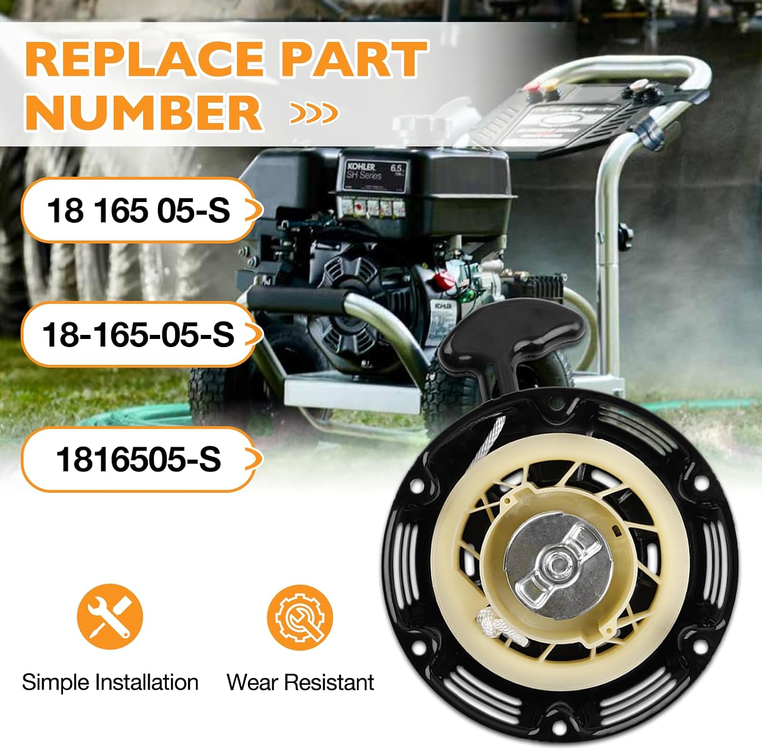 HQPASFY 18 165 05-S Recoil Starter Assembly Compatible with Kohler 3000 Series Engine SH265 SH270, Pull Start Assembly Replace# 18-165-05-S, 1816505-S
