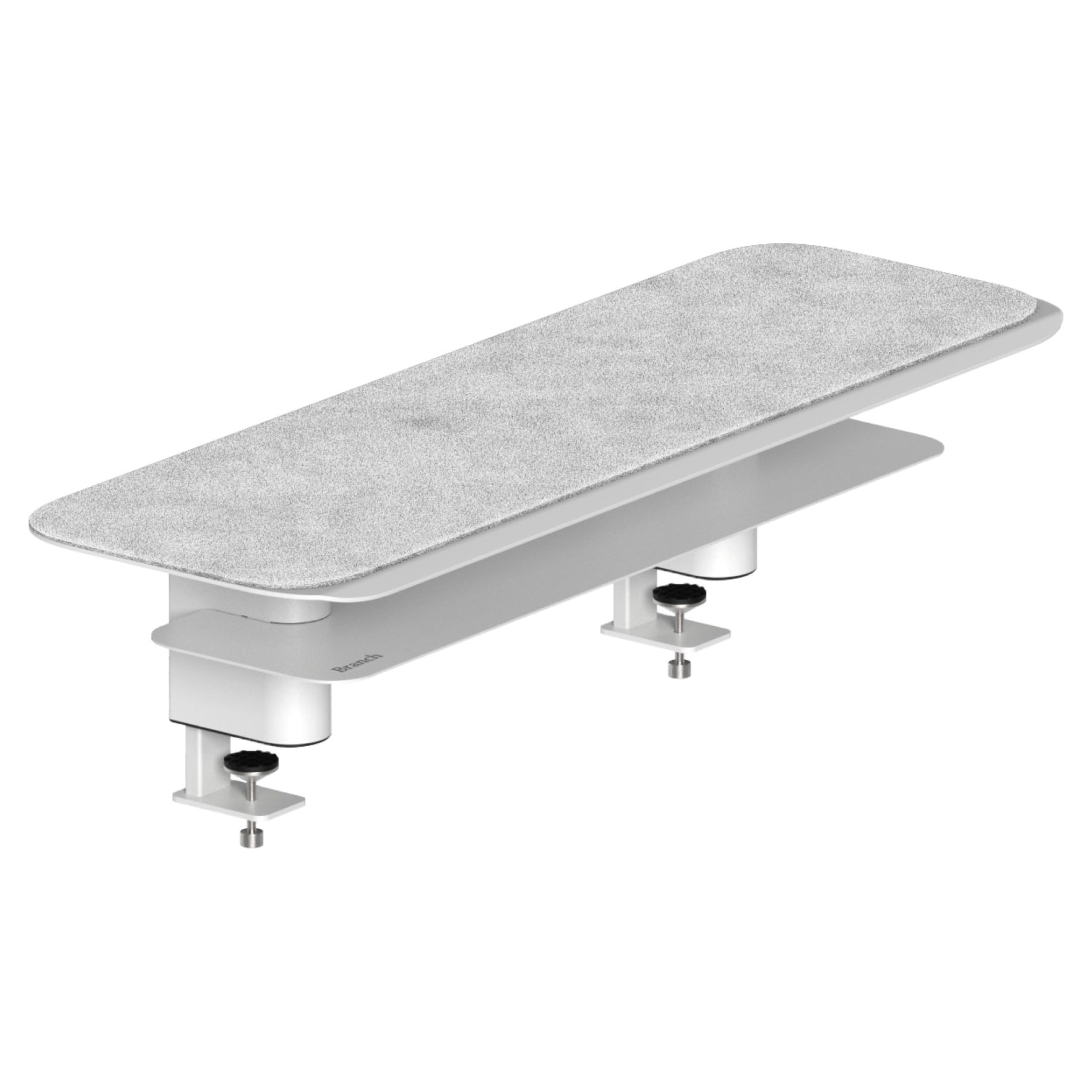 Branch Monitor Stand - Elegant, Durable Powder-Coated Steel Stand with Soft Felt Liner - Small Monitor Riser Second Tier Storage - Installs with a Universal Clamp for Ergonomic Workspace - White