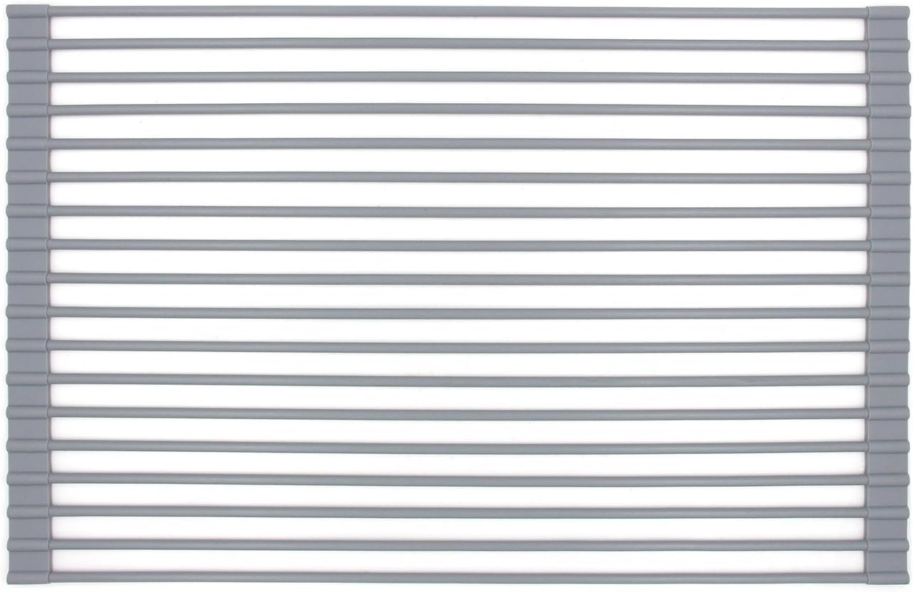 Dish Drying Rack / Mat, Multipurpose Silicone & Stainless Steel Dish Drainer Rack Over the Sink for Kitchen (Gray)