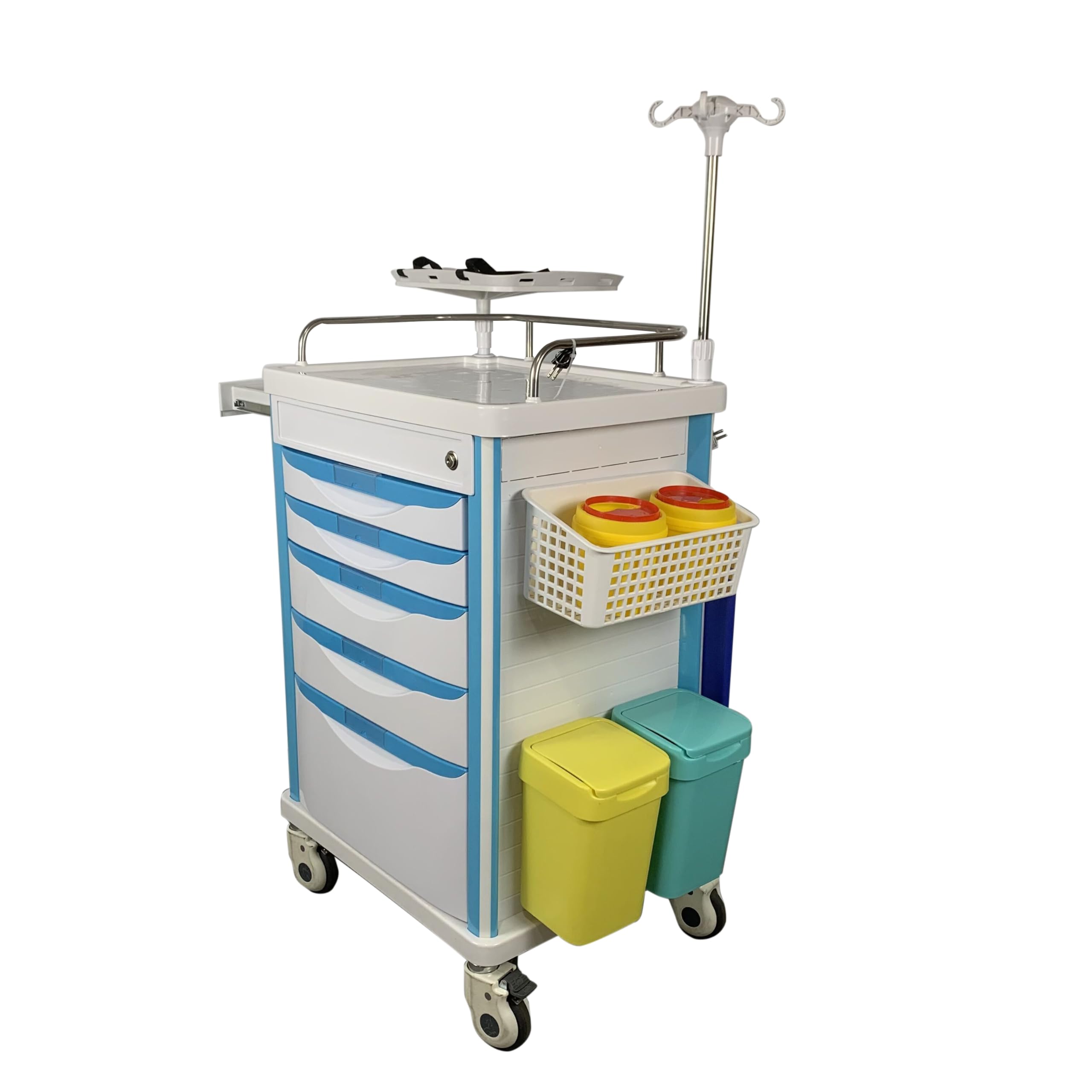 Notfall Trolley with 5 Drawers Mobile medizinische Notfall-Trolley Crash Cart Adjustable IV Pole Cardiac Tisch