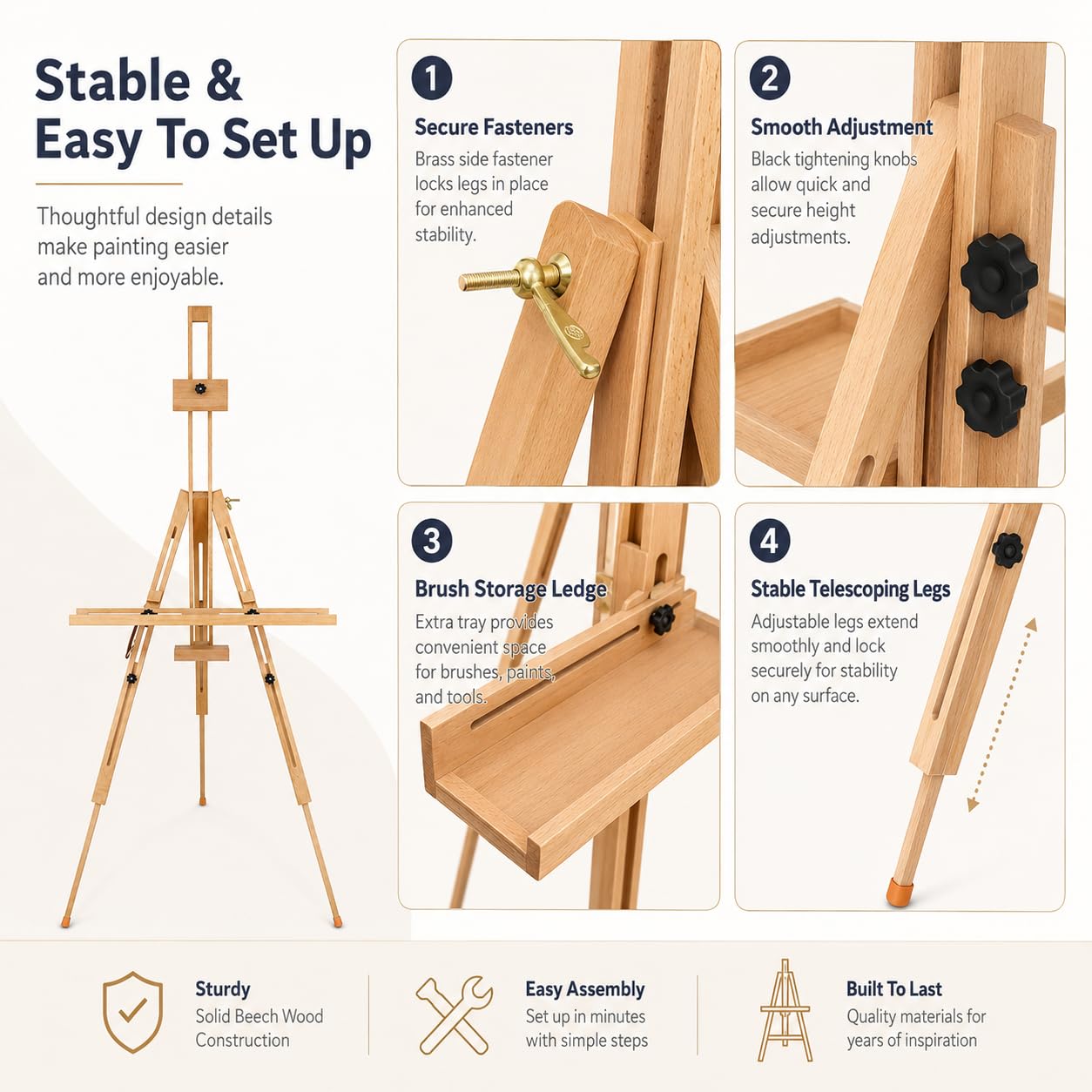 EXERZ Caballete de Dibujo Portátil, Caballete Trípode Altura Ajustable (130-191 cm) de Madera de Haya - Ideal para Artistas, Pintura y Uso en Exterior