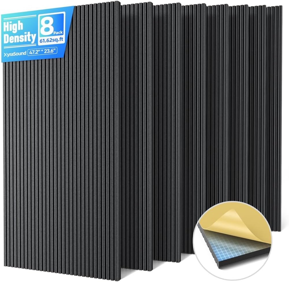 8 Pack Large Acoustic Panels Sound Absorbing with Self-Adhesive, 47.2”*23.6”*0.36” High Density Sound Proof Foam Panels for Walls, 3D Vertical Soundproof Wall Panels for Home Studio Office Decor-Black