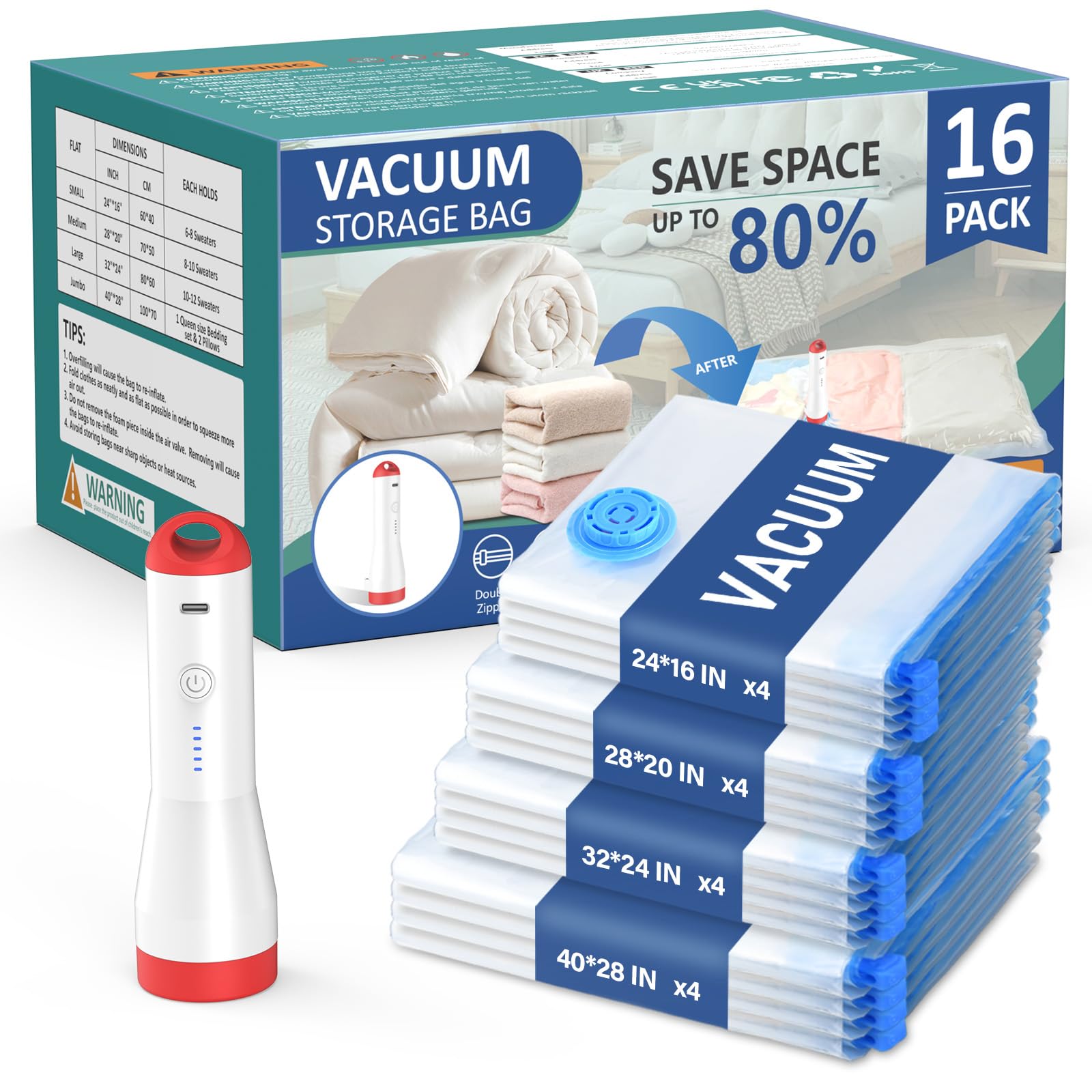 Vacuum Storage Bags Cothes with Electric Pump, Travel Packing,16Pcs