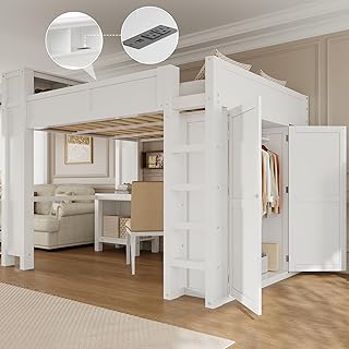 Wooden Queen Loft Bed with Desk, Headboard with Storage and USB, Space-S...