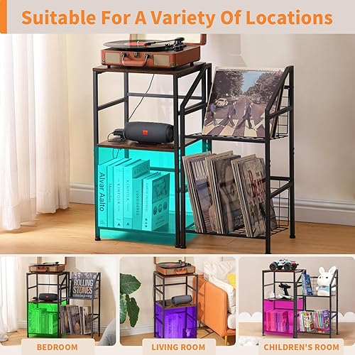 Miniatura 6 de LAKEMID Soporte para tocadiscos con almacenamiento de vinilo, soporte giratorio de 3 capas y soporte de disco de vinilo de acero, mesas auxiliares