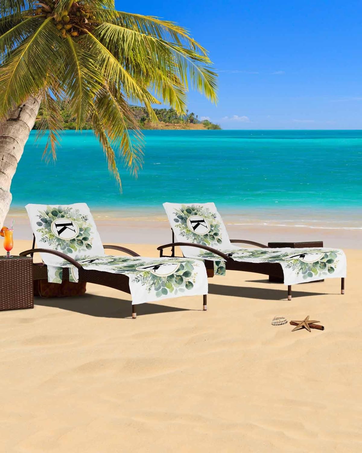 Plant K Beach Pool Patio Lounge Chaise Chair Cover Towel With Pockets, Absorbent & Quick Dry Microfiber Towel Cover Bag Summer Travel Accessories for Sunbathing Monogrammed Eucalyptus Botanical Flower