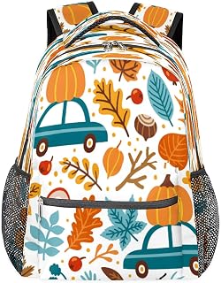 Mochilas para meninos e meninas abóbora carro laptop mochila escolar com vários bolsos, folha de outono com alça de ombro ajustável para viagens, caminhadas, acampamento, Multi, Medium