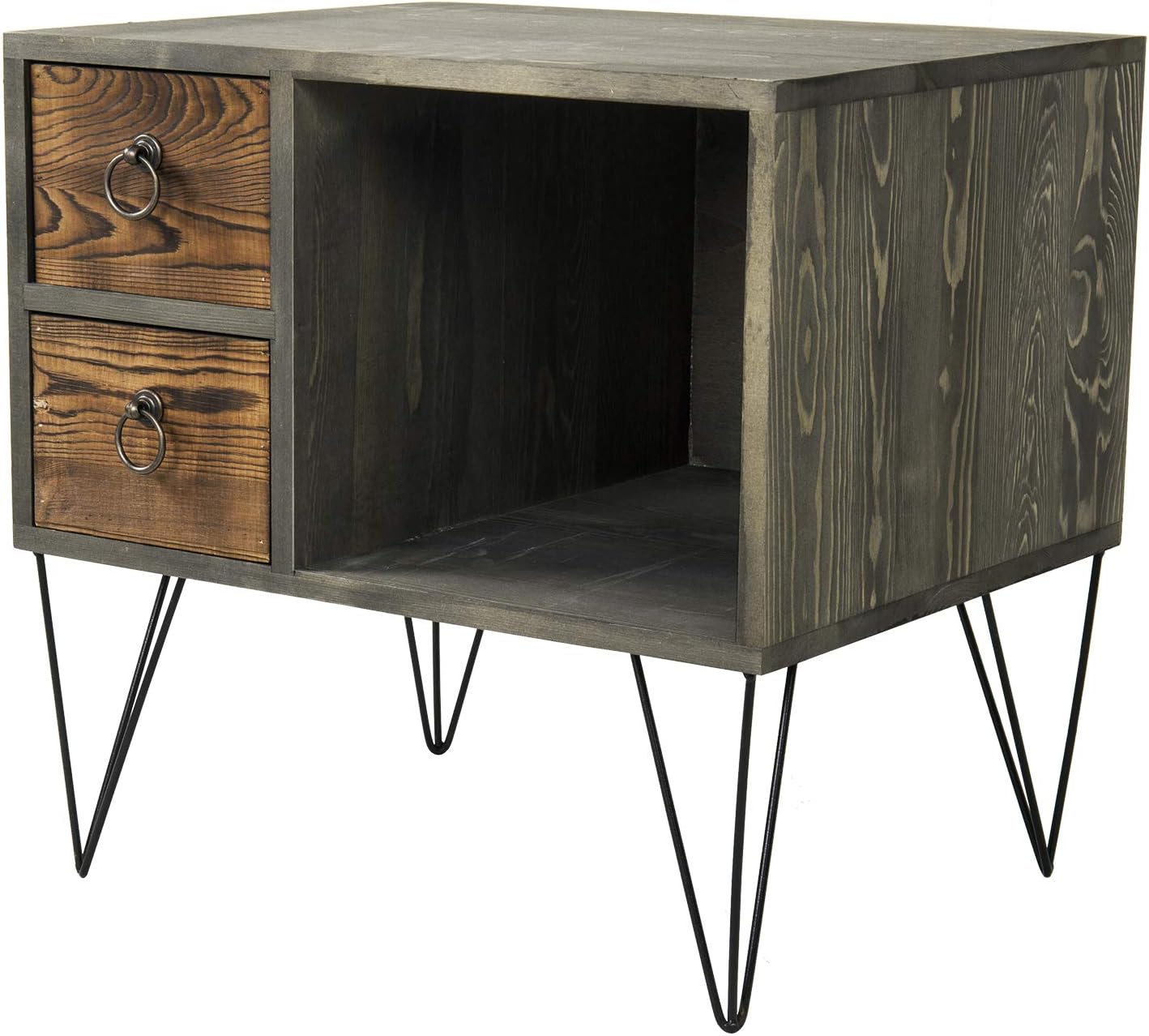 MyGift 19 Inch Short End Table, Vintage Weathered Gray Solid Wood Bedroom Nightstand with Black Metal Legs, 2 Drawers and Open Cabinet, Side Table for Small Spaces