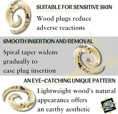 Miniatura 3 de Par de tamarindo de madera en espiral de bobina cónica piercing joyería tapones para los oídos, dilatadores de lóbulo de pendientes