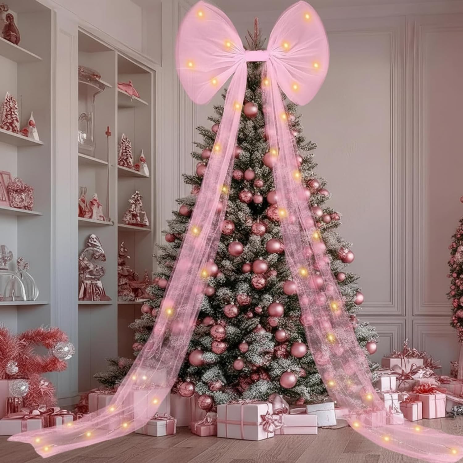 Norme Red Extra Large Christmas Tree Decorations Bow Tree Topper with LED Light Christmas Velvet Polyester Bows with Long Streamers for Front Door Decor, 23.62 x 78.4 Inches