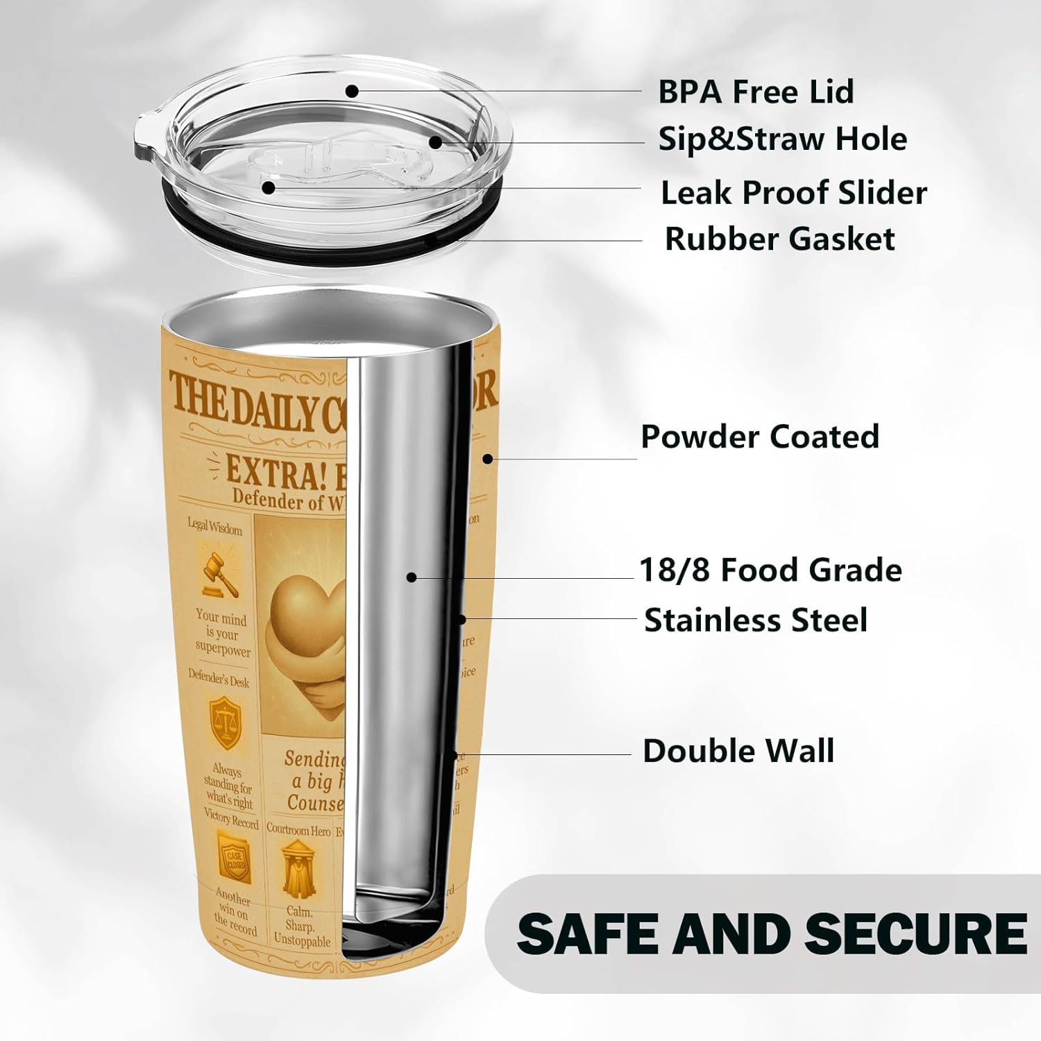 Lawyer Gift Counselor Tumbler 20oz – Vintage Newspaper Style Insulated Stainless Steel Travel Mug – Attorney Appreciation, Bar Exam & Law School Graduation Gift for Women and Men - Image 5