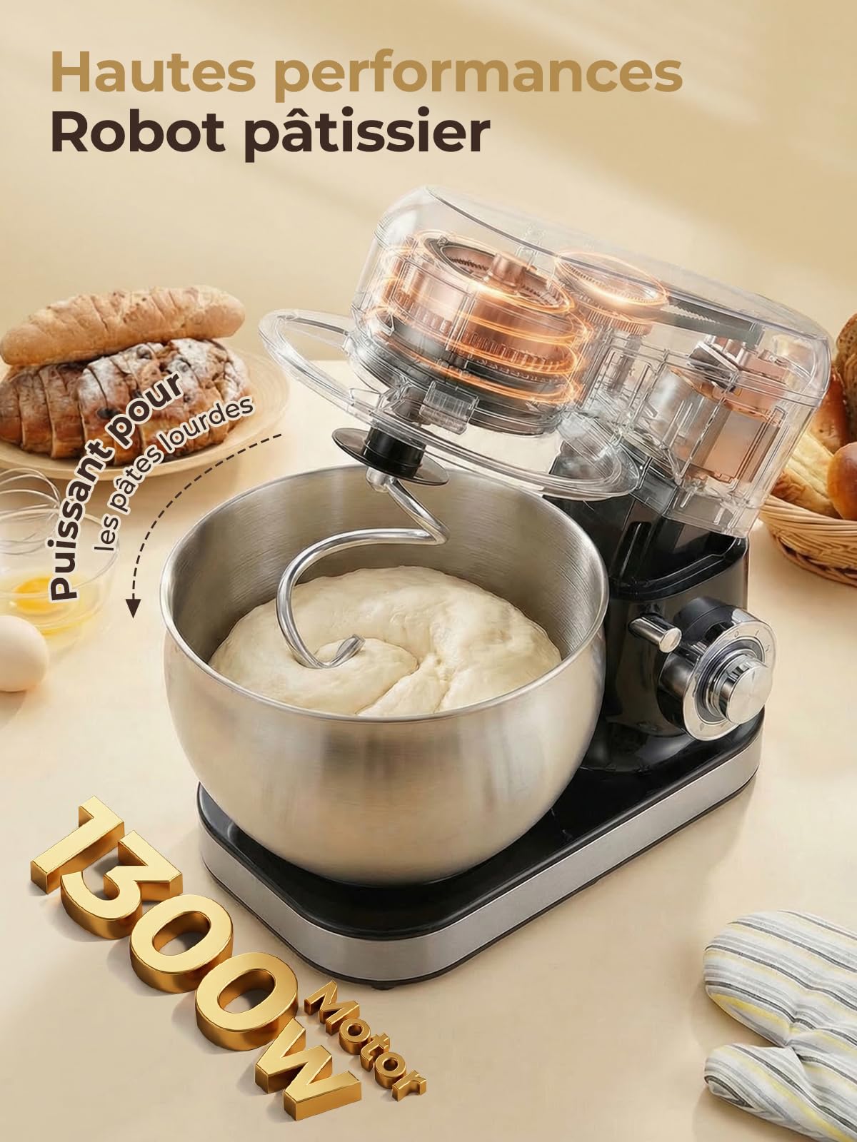 Robot Pâtissier avec 5L + 3L Bols en Acier Inoxydable, Crochet Pétrisseur Renforcé, 1300W Robot Pâtissier Professionnel, 6+P Vitesses Pétrin, Crochet à Pâte, Batteur Plat & Fouet pour Pâtisserie Mai