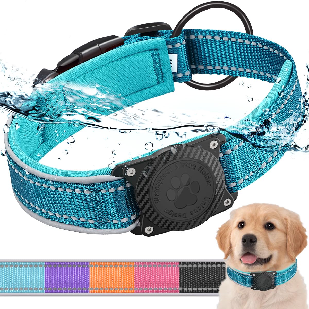AirTag Collar Perro Impermeable Integrado Luminoso Soporte de Apple Air Tag Reflectante Anti-Pérdida Protección, Azul 02, XL — view 8