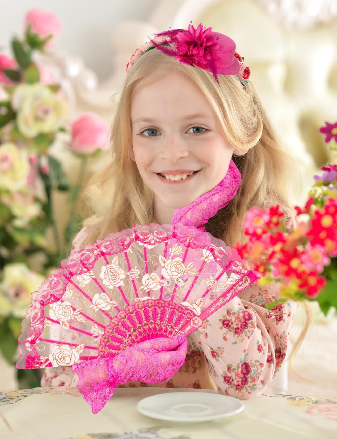 12Pcs Girls Tea Party Set Fascinators Hats with Lace Gloves Pearl Necklace Fans for Tea Party Wedding Accessories