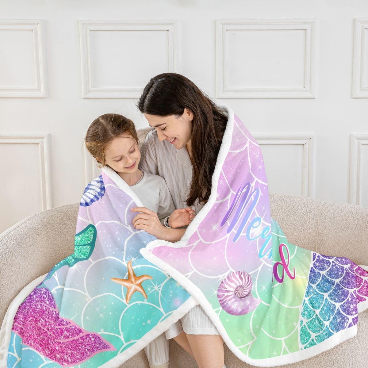 Feelyou Mermaid Sherpa Blanket Plush Fuzzy Ocean Life Sea Animal Fleece Throw Blanket Boys Girls Fish Scales for Bed Couch Chair Living Room Princess Decor Bedroom Decor Pink Purple Twin 60"x80" image 5