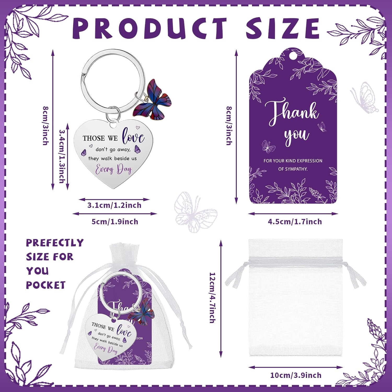 Kenning 50 Set Funeral Favors Celebration of Life Gift Purple Butterfly Keychains Organza Bags Sympathy Thank You Tags for Memorial Party Supplies Guest Return Funeral Gifts