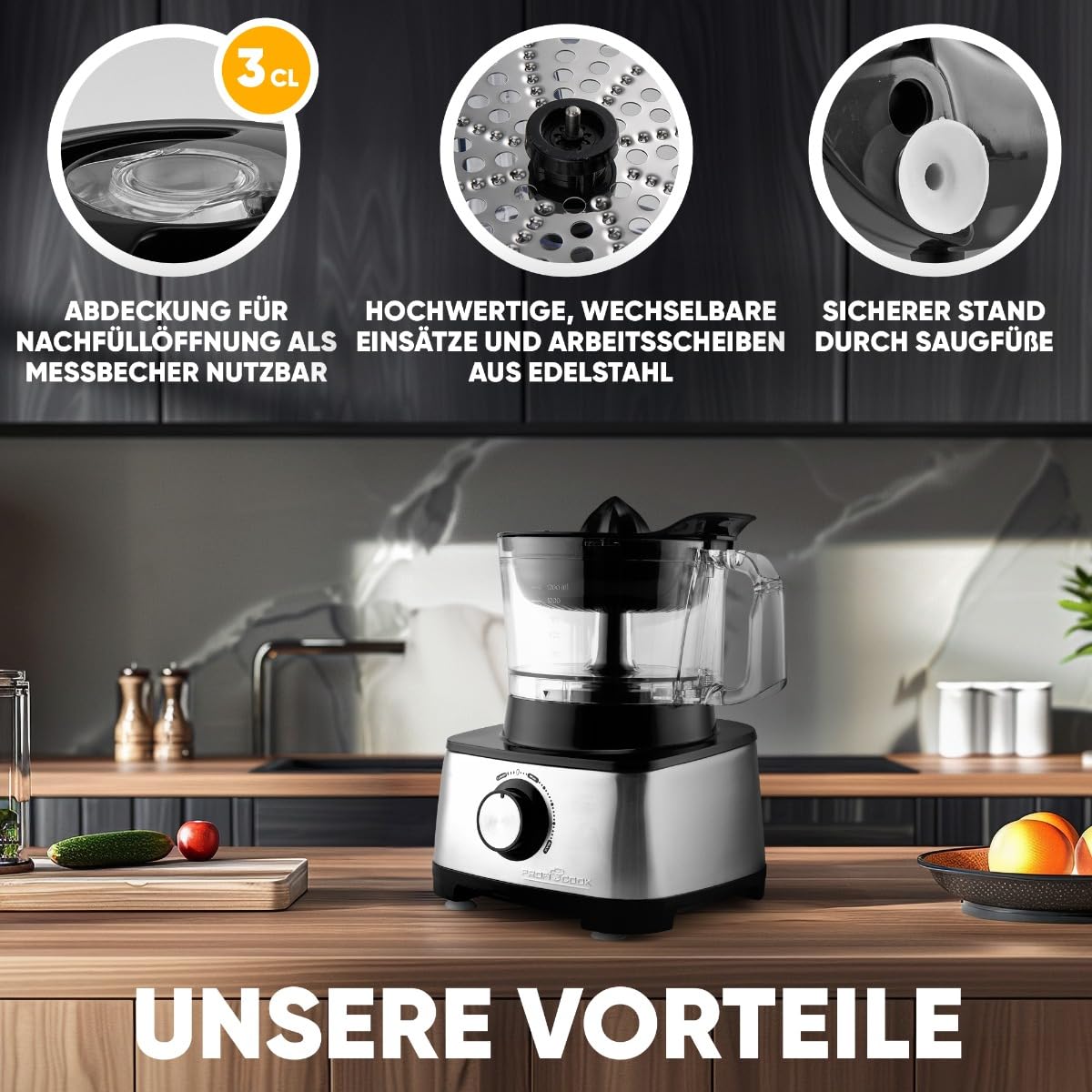 ProfiCook PC-KM 1063 robot de cocina compacto, cortar, amasar, mezclar, accesorio para prensar cítricos, 1,2L, apertura de rellenado, con función turbo incl. 11 accesorios, 1200W
