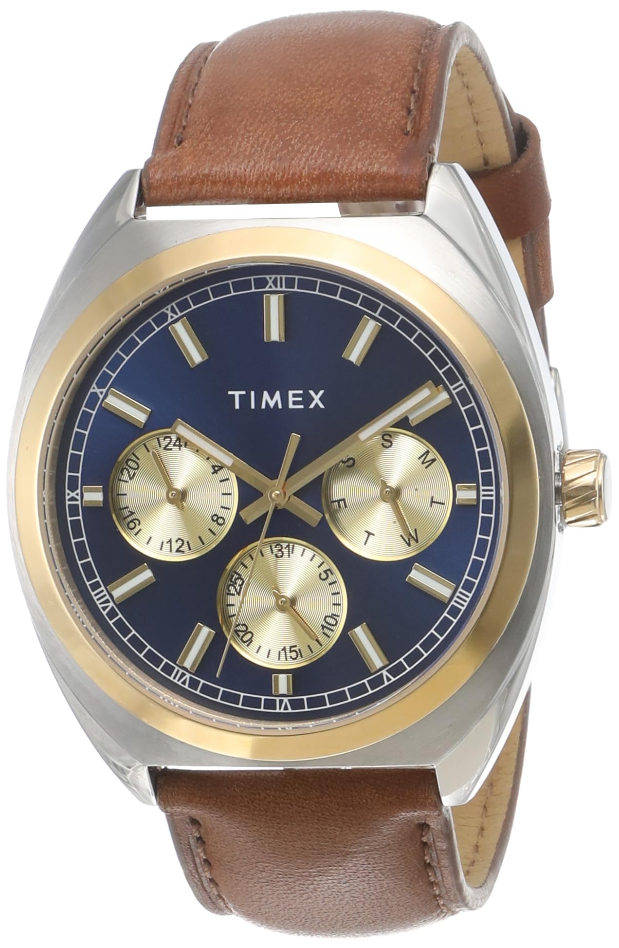 TIMEX Men Leather E-Class Premium-Sport Collection Multifunction Analogue Blue Dial Coloured Quartz Watch, Round Dial with 42 Mm Case Width - Tweg22304, Band Color-Brown (B0C27Q6MXY) Amazon Price History, Amazon Price Tracker