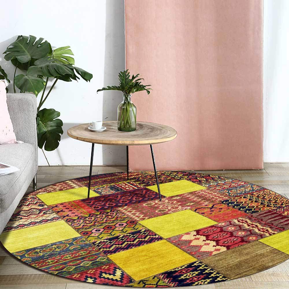 GUGJHFVH Round Machine Washable Kitchen Area Rugs ø 50 cm Dining Non Slip Bedroom,and Living Room Low Pile Carpet Ethnic Style Carpet Geometric Patchwork Color