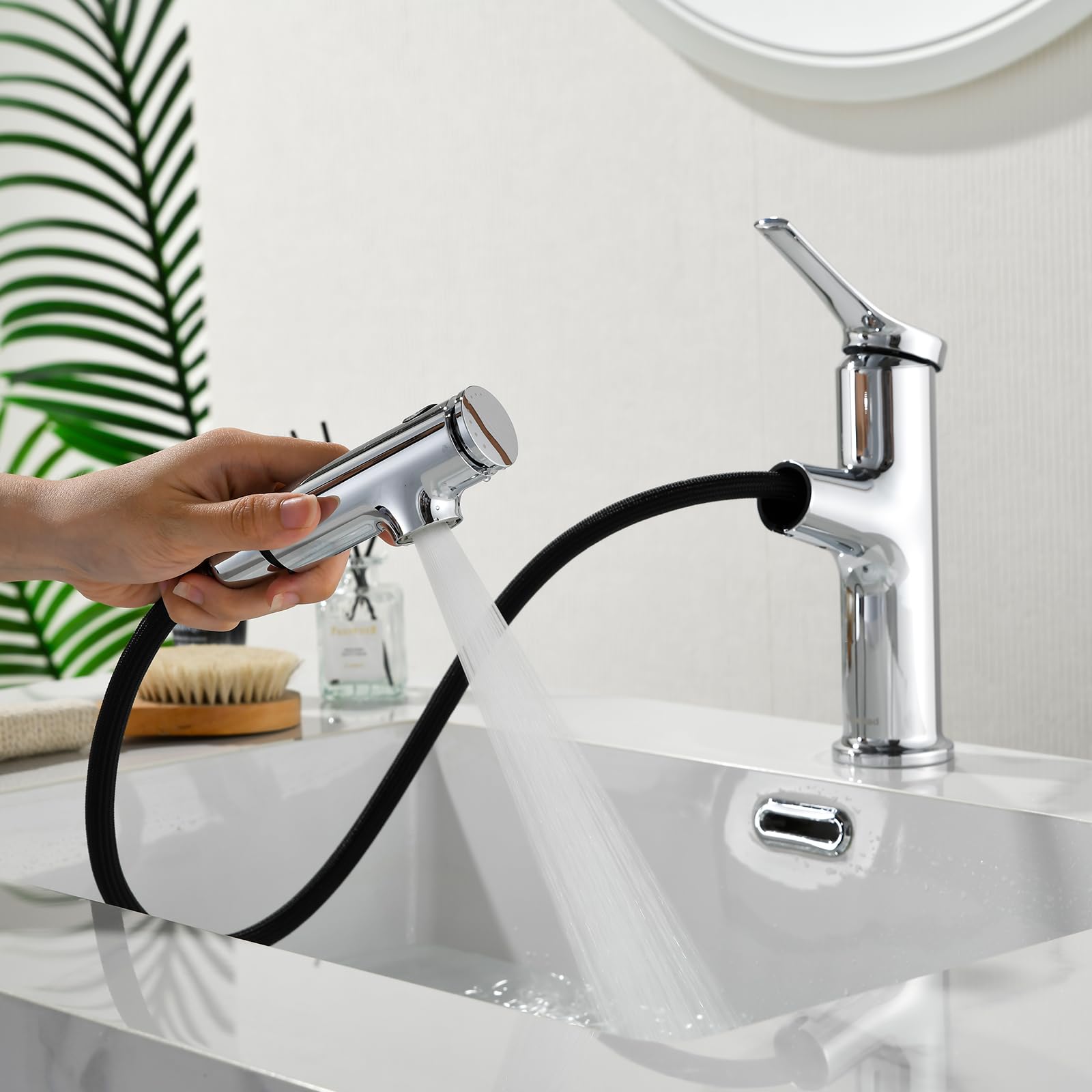 Rubinetto bagno Mynaiad, rubinetto bagno lavabo per bagno con 3 tipi di getto, doccetta estraibile, miscelatore lavabo bagno monocomando per lavabo, cromato