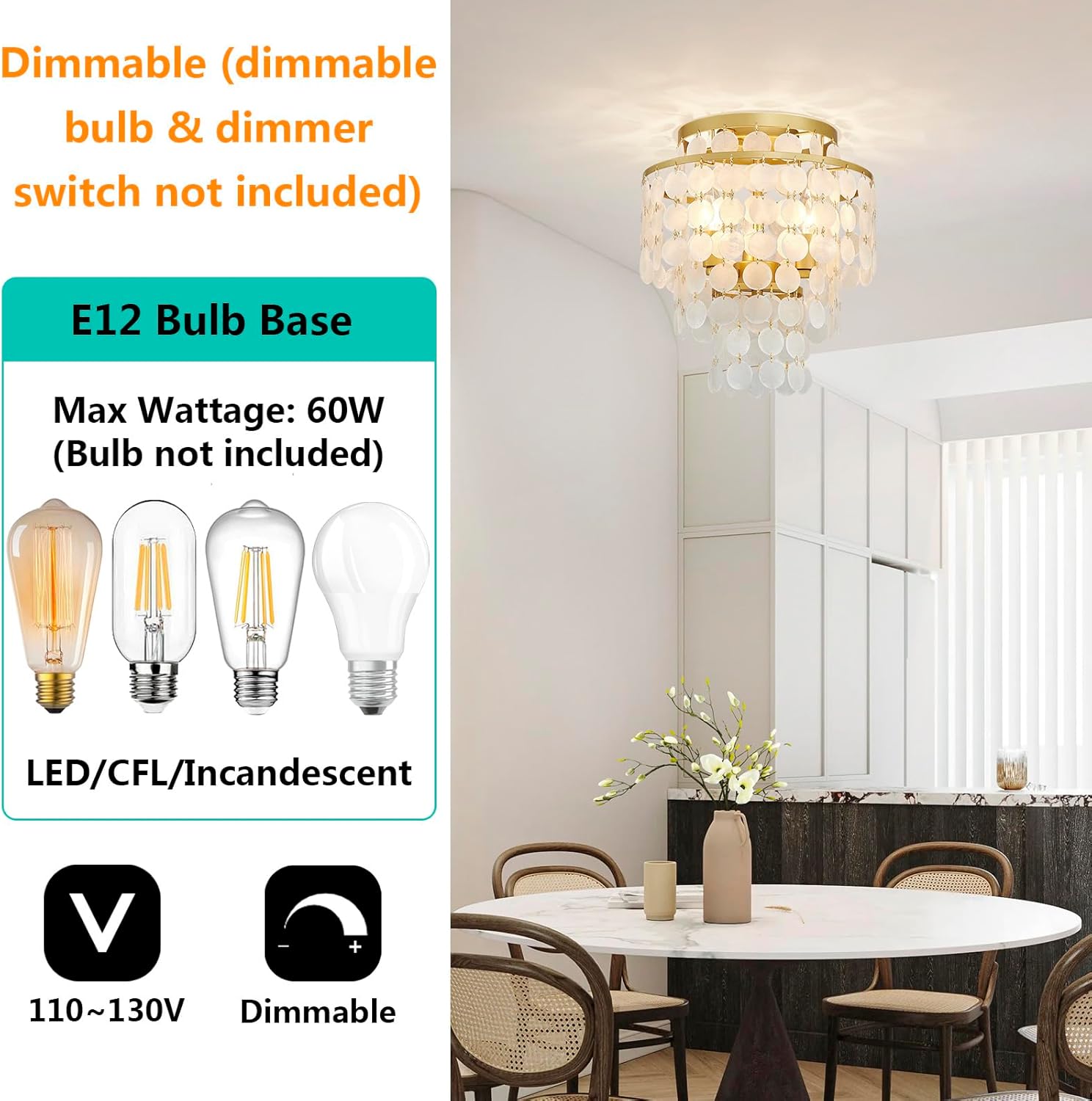 Modern Capiz Shell Chandelier Ceiling Light, Costal Design Close to Ceiling Light Fixture for Dining Room, Living Room, Bedroom, Hallway, Foyer, Gold Finish, 3*E12 Socket, D13*H15 inch