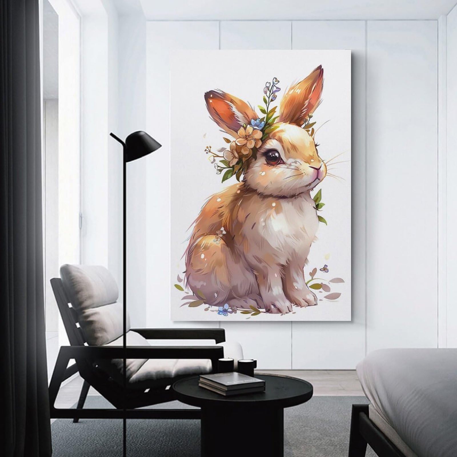 Junmoney Rabbit Flower Canvas Art Print 20x30inch(50x75cm), for Bedroom Decor, Cosy Corners Or Studios, An Easy Wall Refresh for Bedrooms
