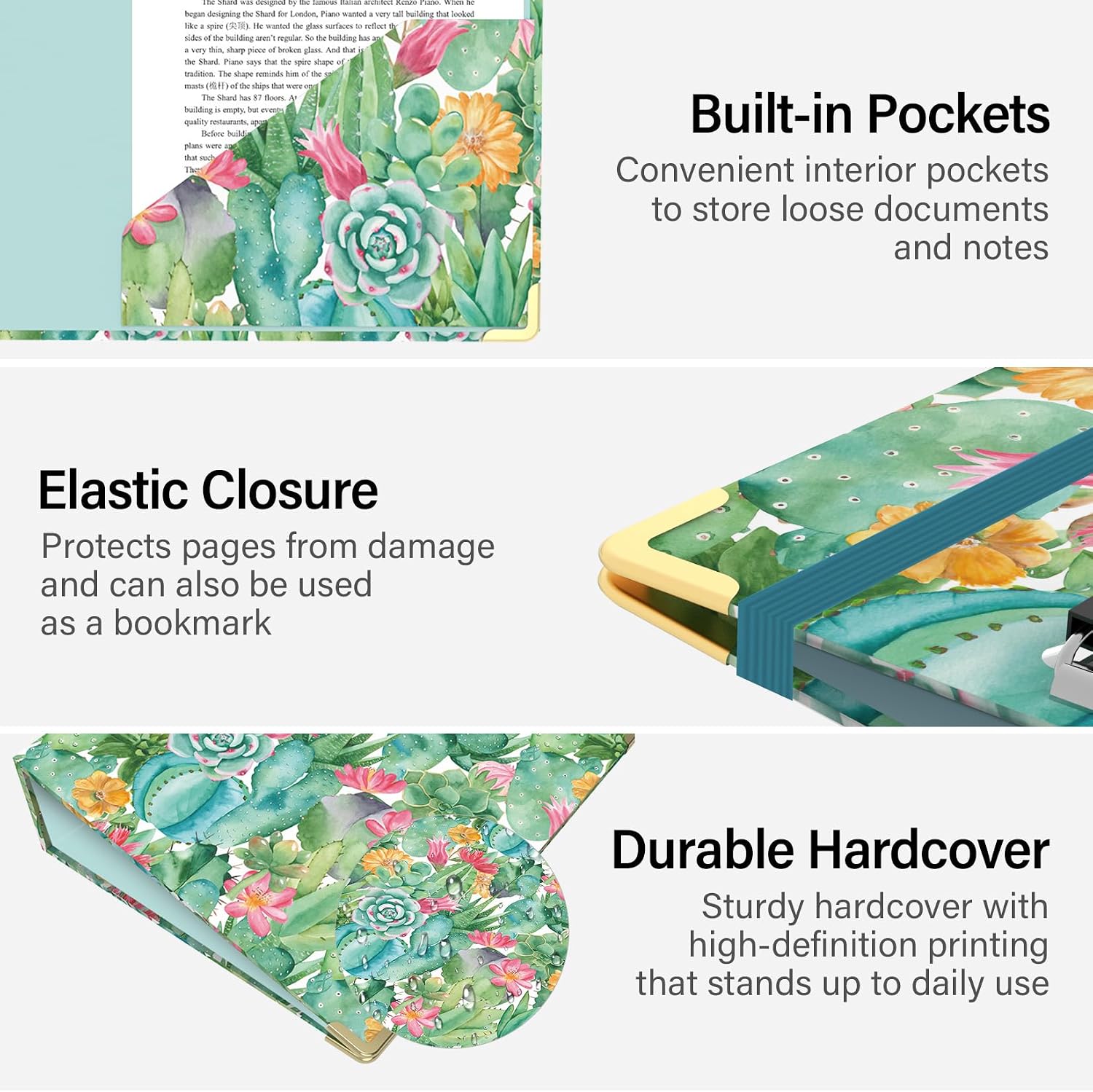 3 Ring Binder 2 Inch for Letter Size 8.5" x 11" Paper, Clipboard Binder with 5 Tabbed Dividers with Pockets, Plastic Folder and 16 Divider Stickers, School and Office Supplies, Cactus Flowers