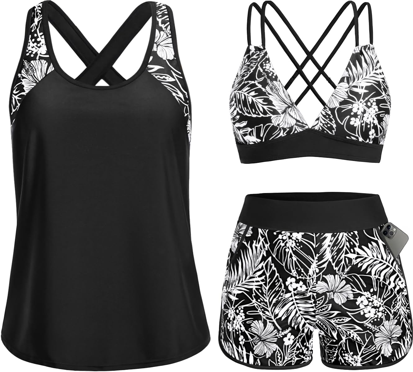 Women's 3 Piece Tankini Swimsuit Tummy Control with Bra Pocket Boy Shorts | Modest Bathing Suit, Athletic Style, Strappy-Back Support, High-Waist Fit, Built-In Brief, Side Pockets, Beach Swim Days
