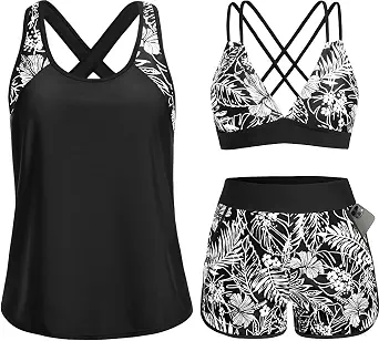 Women's 3 Piece Tankini Swimsuit Tummy Control with Bra Pocket Boy Shorts | Modest Bathing Suit, Athletic Style, Strappy-Back Support, High-Waist Fit, Built-In Brief, Side Pockets, Beach Swim Days