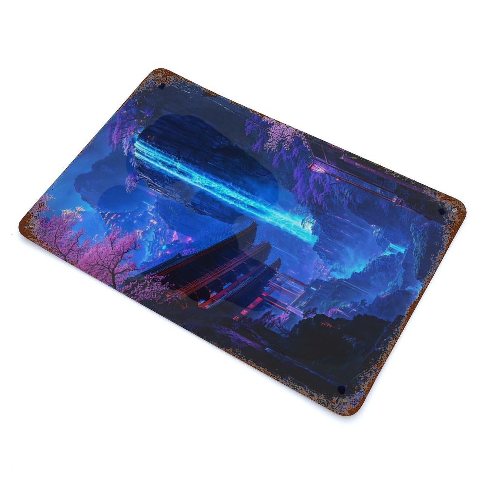 Rust Effect Neon Sakura Waterfall Art Rusty Metal Tin Sign 11.8"x7.9", Old School Wall Decor for Cafe, Home Bar And Lounge Decor