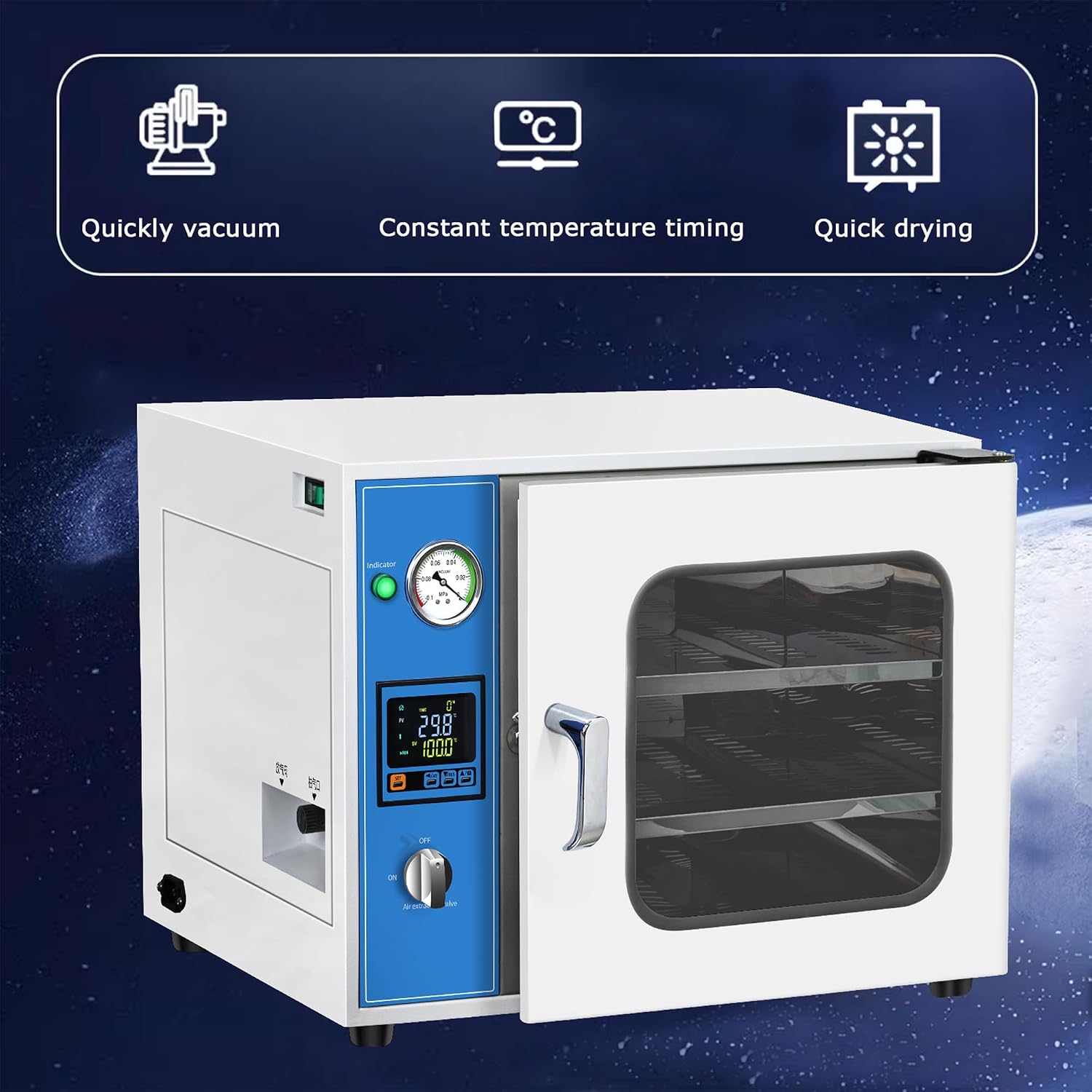 1.9 Cu Ft Vacuum Drying Oven, 50-200℃ Temperature Control Digital Vacuum Oven with LCD Display, 2-Shelf Lab Drying Equipment