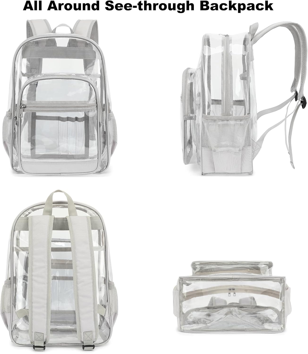 Heavy Duty Clear Backpack, School Backpack College Bookbag PVC See Through Transparent Backpacks (Light Gray)