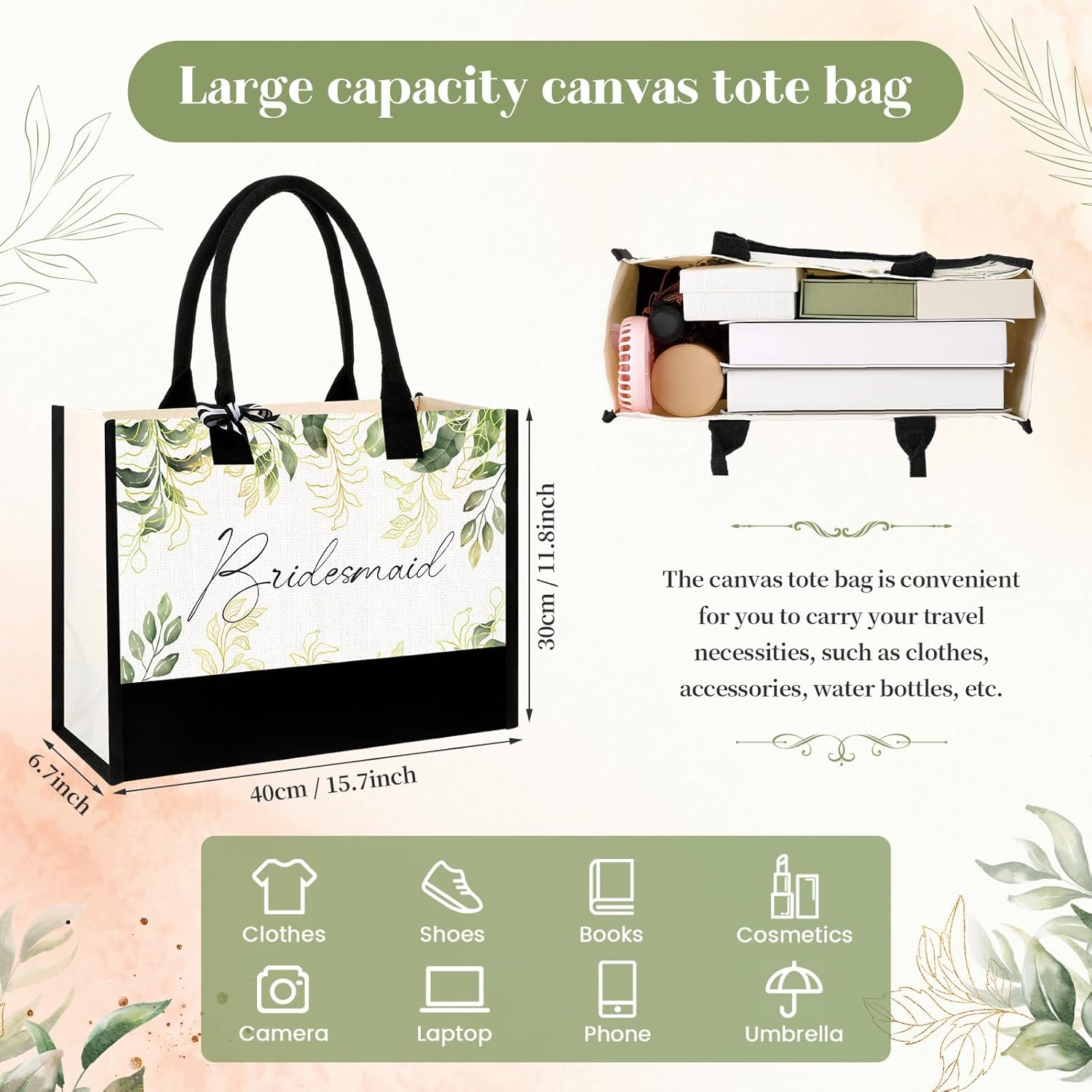 Abbylike 8 Pcs Bride Bridesmaid Canvas Tote Bag Bulk for Wedding Eucalyptus Sage Green Bridesmaid Party Gift Bags Wedding Canvas Tote for Bridal Shower Bachelorette Proposal Party Favor Present - Image 3